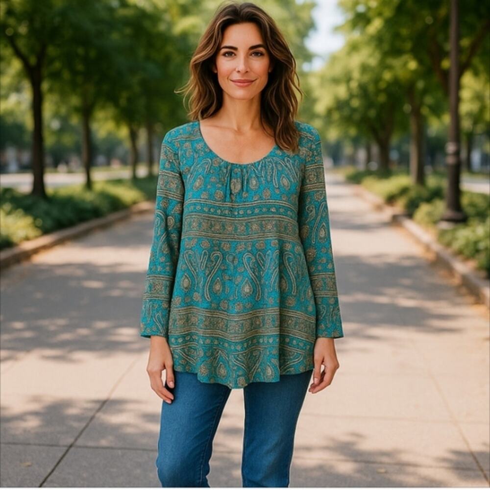 MOOSUNGEEK Women's Floral Print Shirt Pleated Flowy Tunic Top Size Small